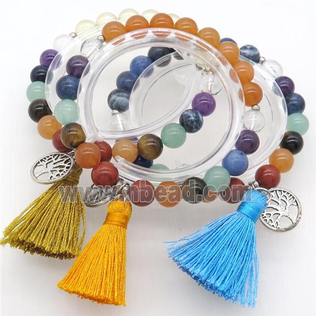 Chakra Gemstone Bracelets with tassel, tree of life, mixed, stretchy