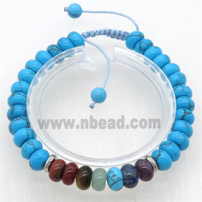 Chakra Bracelets with blue dye turquoise, Adjustable, rondelle