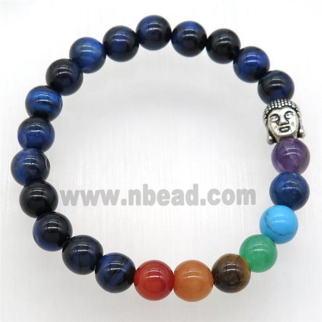 Chakra Bracelets with blue tiger eye stone, buddha, stretchy
