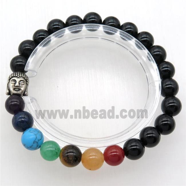 Chakra Bracelets with black onyx agate, buddha, stretchy