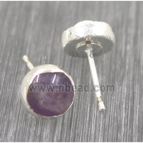 Amethyst earring studs, circle, 925 silver plated