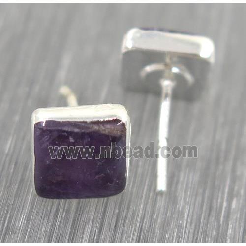 Amethyst earring studs, square, 925 silver plated