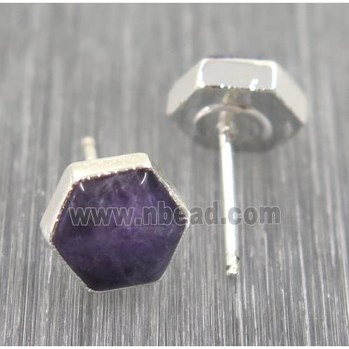 Amethyst hexagon earring studs, 925 silver plated