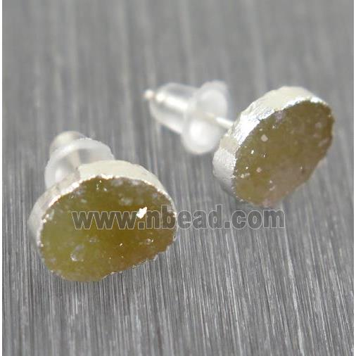 yellow Druzy agate earring studs, 925 silver plated
