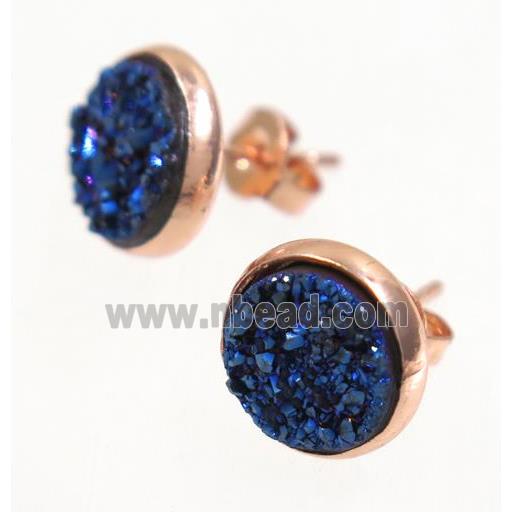 blue druzy agate earring studs, rose gold