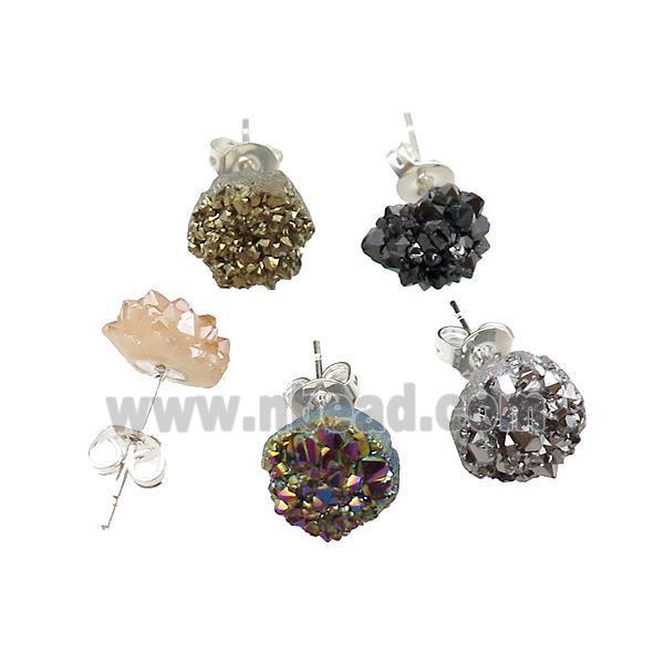 druzy agate earring studs, mix color, silver plated