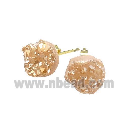 gold champagne druzy agate earring studs, gold plated