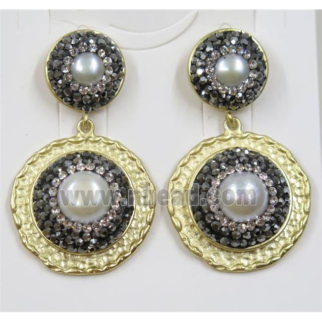 white freshwater Pearl earring pave rhinestone, alloy, gold plated