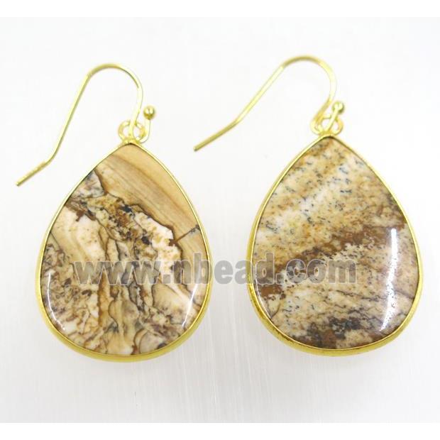 Picture Jasper earrings, teardrop, gold plated