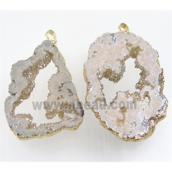 lt.gold-champagne Druzy Agate slice pendant, freeform, gold plated