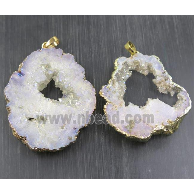 white AB-color Druzy Agate slice pendant, freeform, gold plated