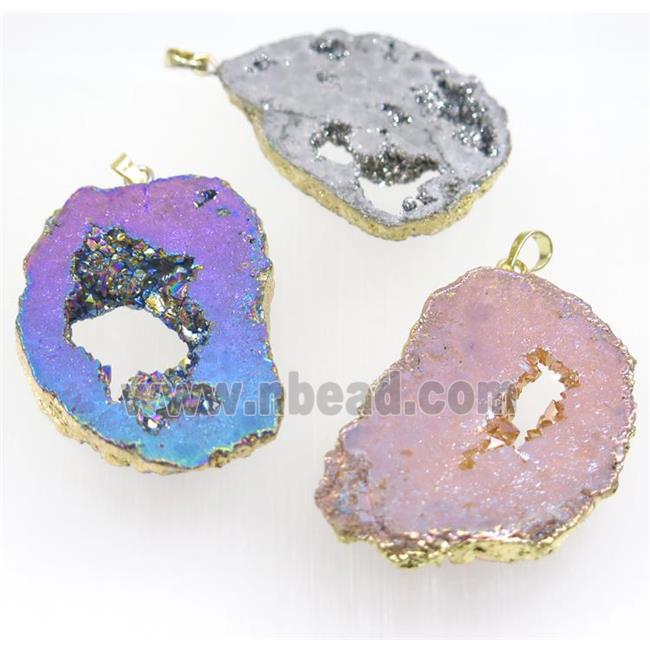 mix color Druzy Agate slice pendant, freeform, gold plated