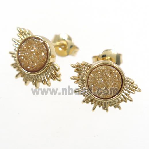 gold champagne Druzy Agate Earring Studs, gold plated