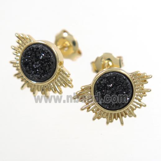 black Druzy Agate Earring Studs, gold plated