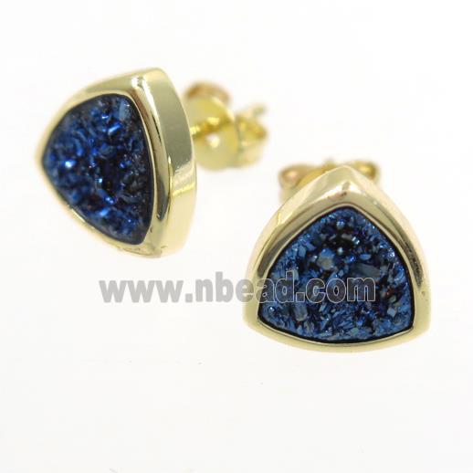 blue electroplated Druzy Agate Earring Studs, triangle, gold plated
