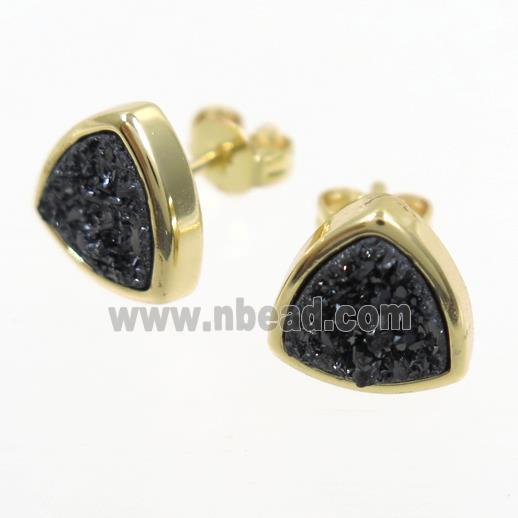 black Druzy Agate Earring Studs, triangle, gold plated