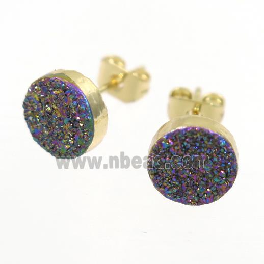 rainbow Druzy quartz Earring Studs, gold plated