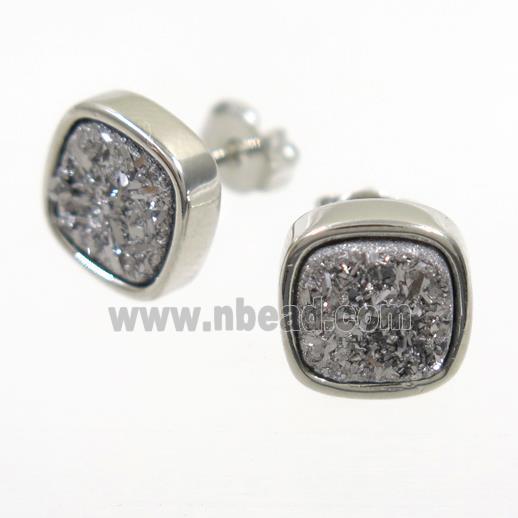 silver Druzy quartz Earring Studs, square, platinum plated
