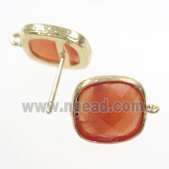 orange Chinese Crystal Glass earring studs, gold plated