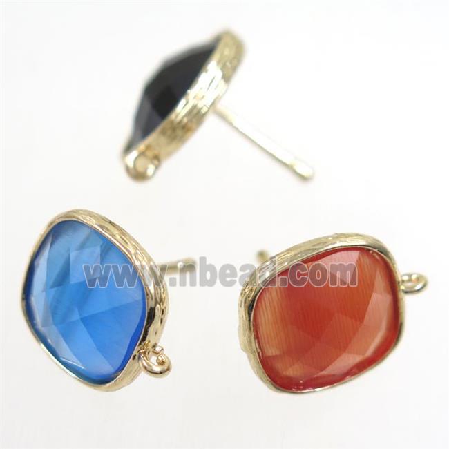 Chinese Crystal Glass earring studs with loops, mix color, gold plated