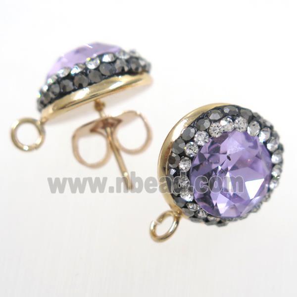 lavender Chinese Crystal Glass earring studs paved rhinestone, gold plated
