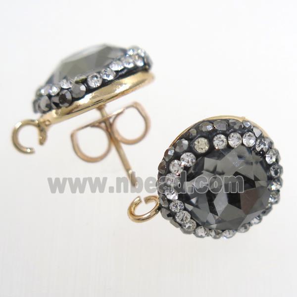 Chinese Crystal Glass earring studs paved rhinestone, gray, gold plated