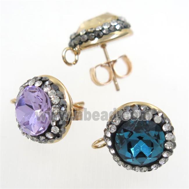 Chinese Crystal Glass earring studs paved rhinestone, mix color, gold plated