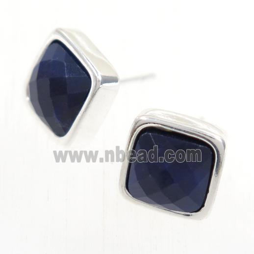 blue Lapis earring studs, square, platinum plated