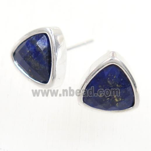 blue Lapis Lazuli earring studs, triangle, platinum plated