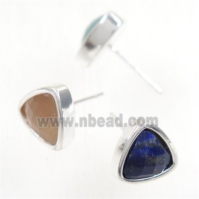mixed gemstone earring studs, triangle, platinum plated