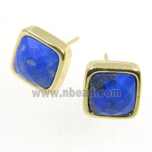 blue Lapis Lazuli earring studs, square, gold plated