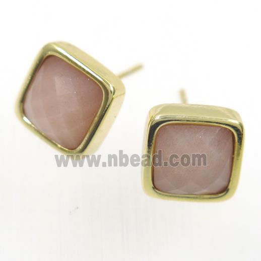 peach MoonStone earring studs, square, gold plated