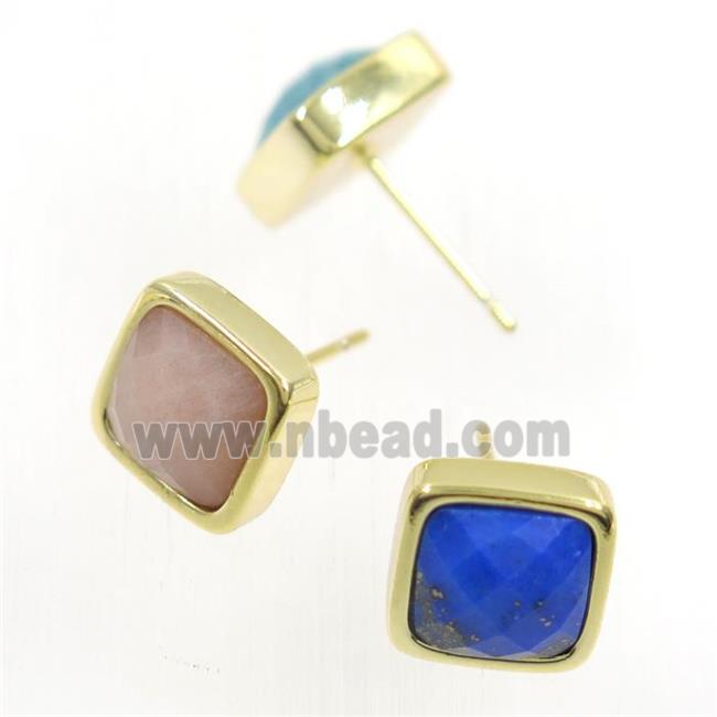 mixed gemstone earring studs, square, gold plated