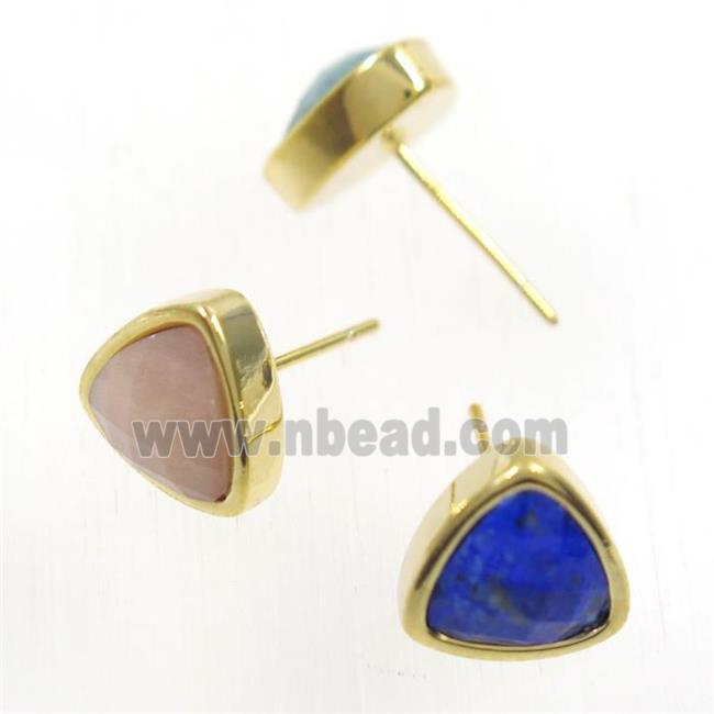 mixed gemstone earring studs, triangle, gold plated