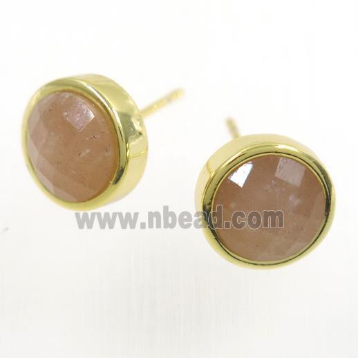 peach MoonStone earring studs, circle, gold plated