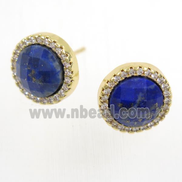 blue Lapis Lazuli earring studs paved zircon, circle, gold plated