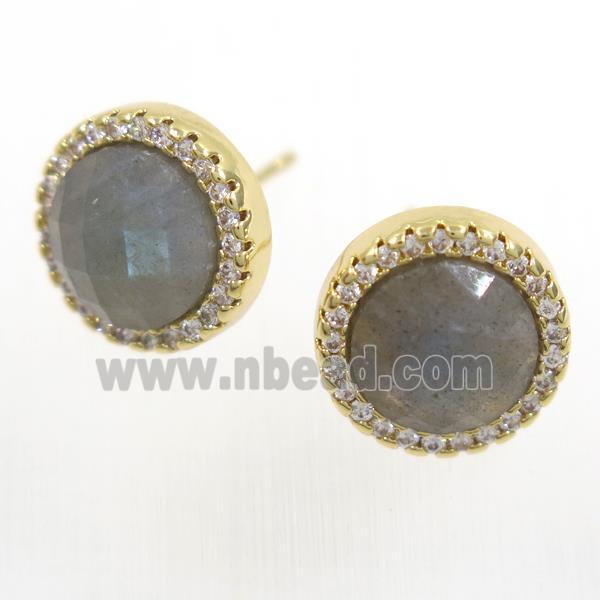 Labradorite earring studs paved zircon, circle, gold plated