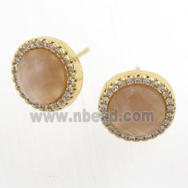 peach MoonStone earring studs paved zircon, circle, gold plated