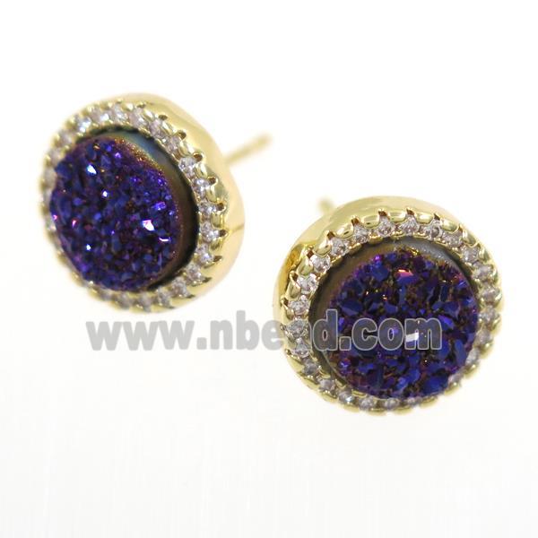 purple Druzy Quartz earring studs paved zircon, circle, gold plated