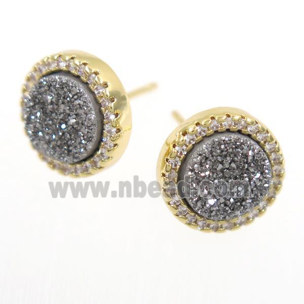 silver Druzy Quartz earring studs paved zircon, circle, gold plated