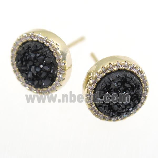 black Druzy Quartz earring studs paved zircon, circle, gold plated