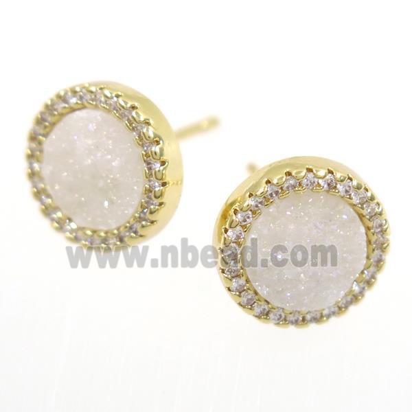 white AB-color Druzy Quartz earring studs paved zircon, circle, gold plated