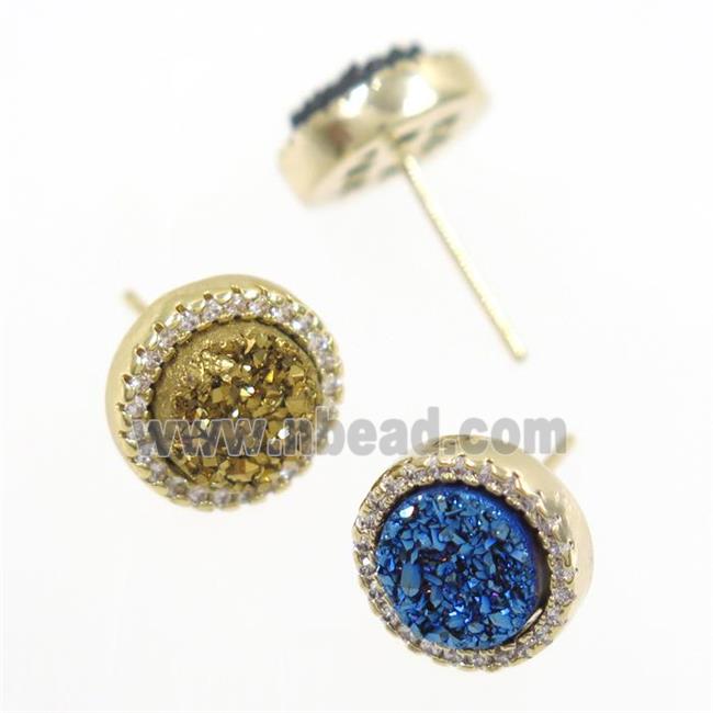 mix color Druzy agate earring studs paved zircon, circle, gold plated