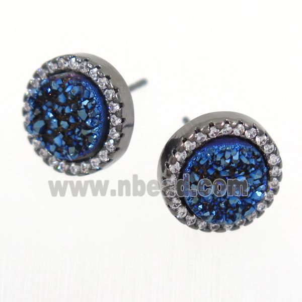 blue Druzy Quartz earring studs paved zircon, circle, black plated
