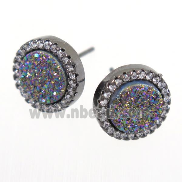 rainbow Druzy Quartz earring studs paved zircon, circle, black plated
