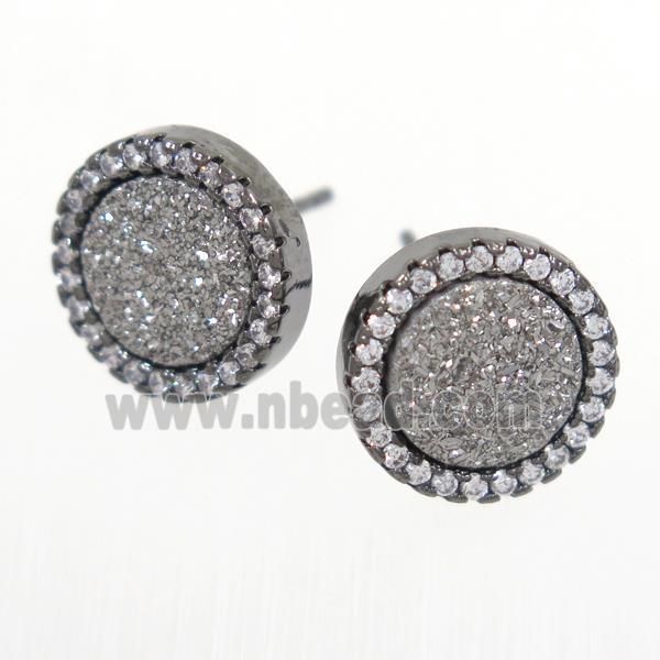 silver Druzy Quartz earring studs paved zircon, circle, black plated
