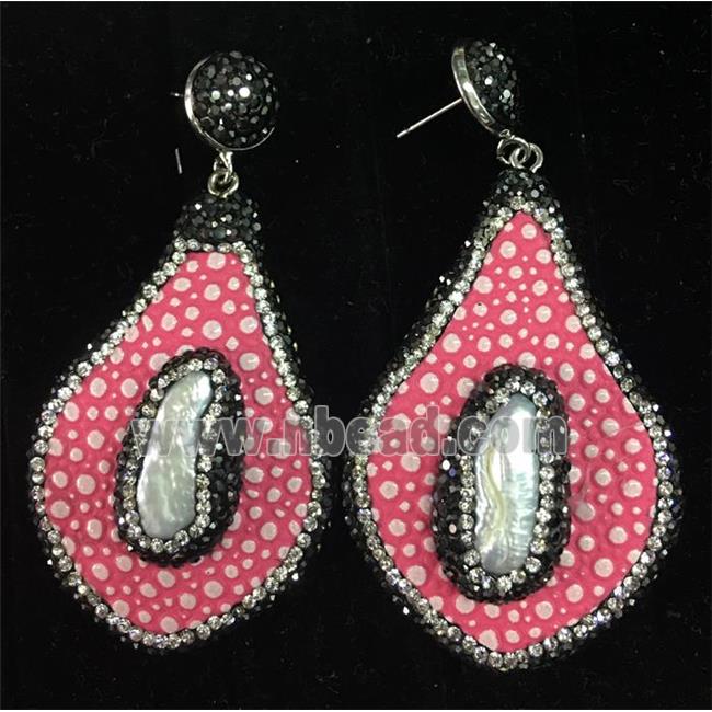 freshwater Pearl earring with pink PU leater pave rhinestone