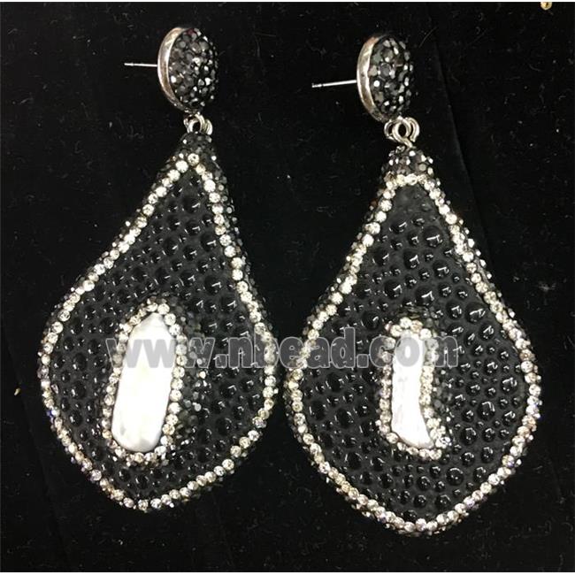 freshwater Pearl earring with black PU leater pave rhinestone