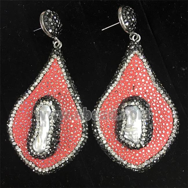 freshwater Pearl earring with red PU leater pave rhinestone