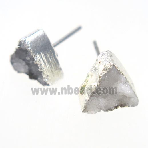 white druzy quartz earring studs, triangle, silver plated